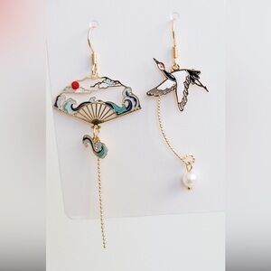 Asymmetrical Classy Japanese Earrings Designed as Crane and Fan